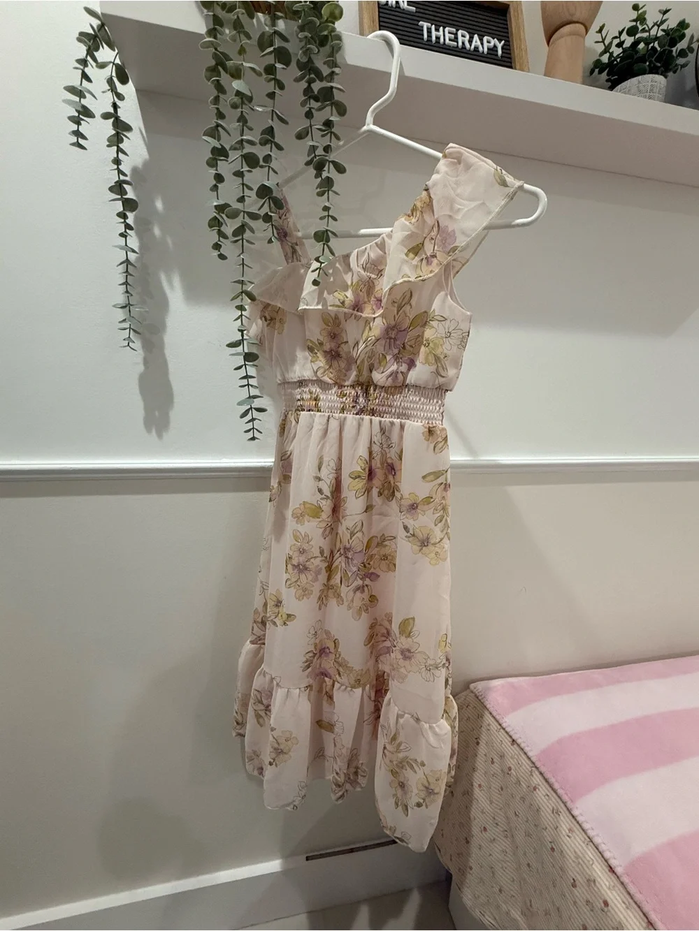 Girls' Pink Floral One-Shoulder Dress